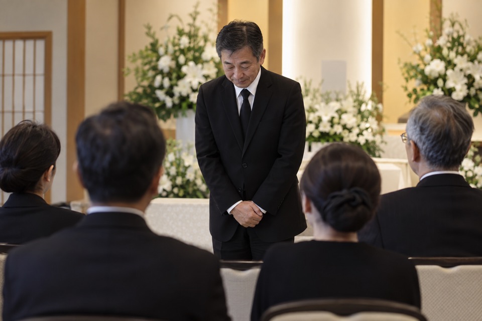 葬儀で参列者へ挨拶する喪主