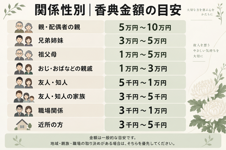故人との関係性別にまとめた香典金額の目安