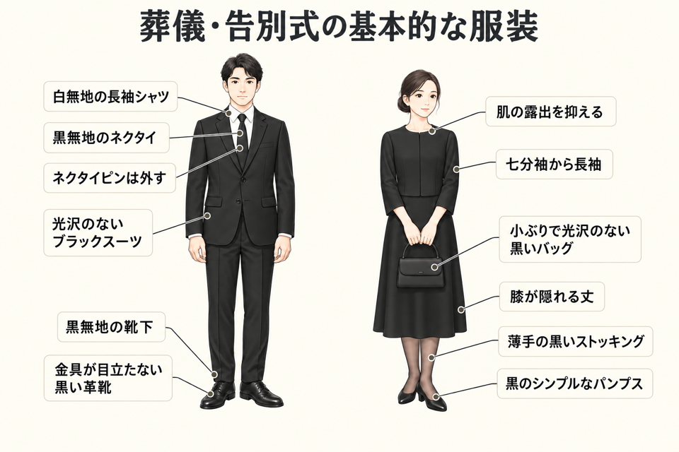 葬儀に参列する男性と女性の基本的な準喪服