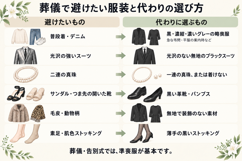 葬儀で避けたい服装と代わりに選びたい服装