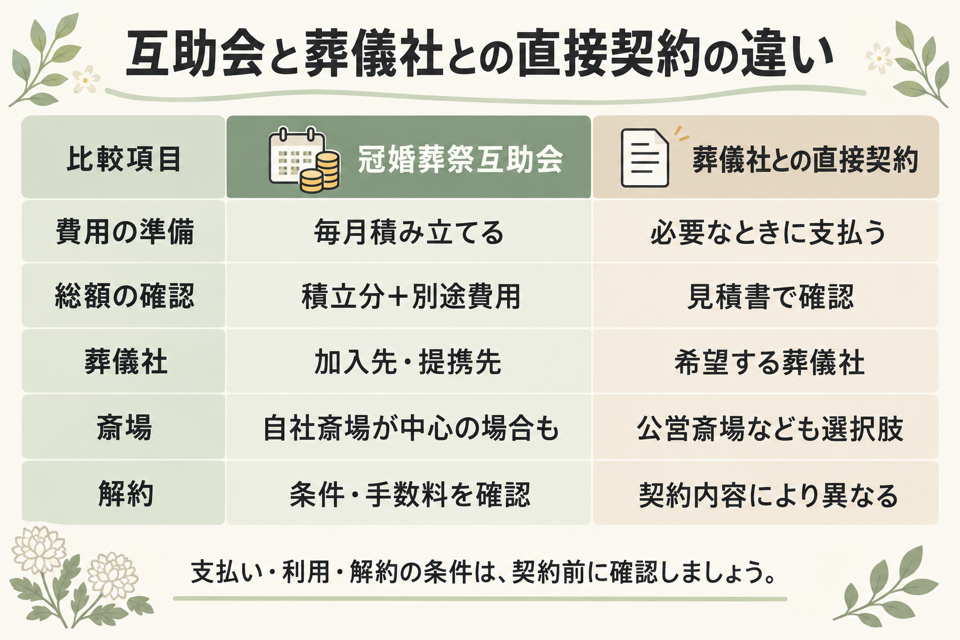 冠婚葬祭互助会と葬儀社との直接契約の違いを比較した図
