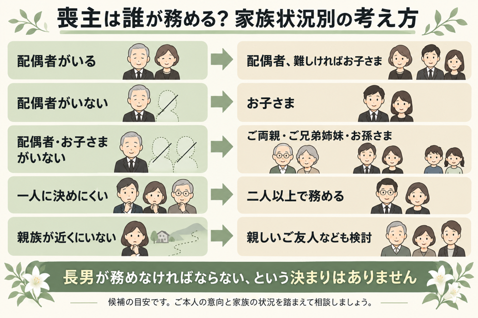 家族の状況別に喪主の候補を整理した図