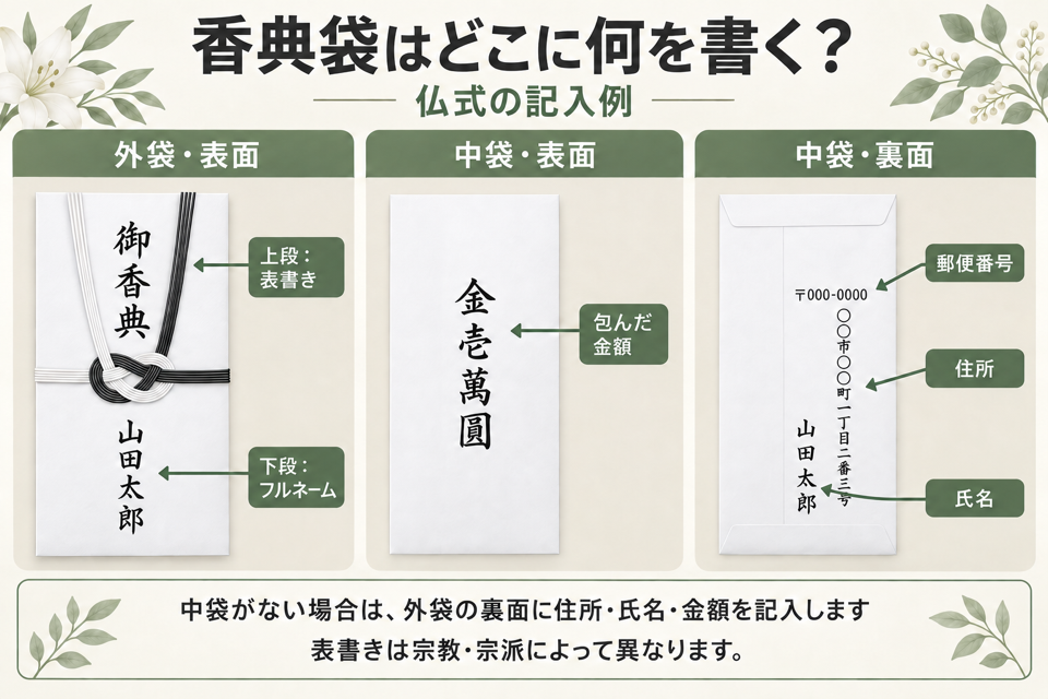 香典袋の表面と中袋に書く内容の見本