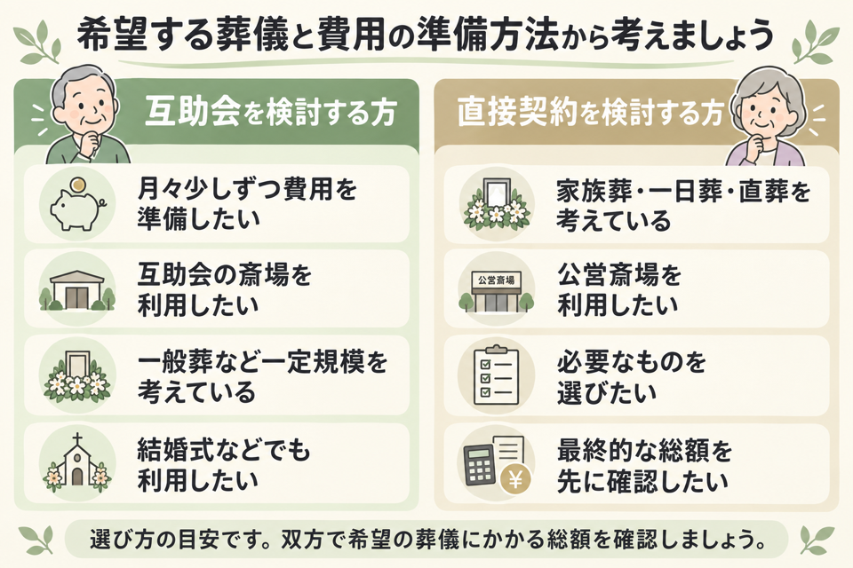 互助会と葬儀社との直接契約が向いている人の比較