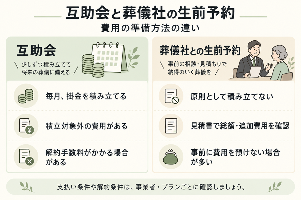 互助会と葬儀社の生前予約の違いを比較した図