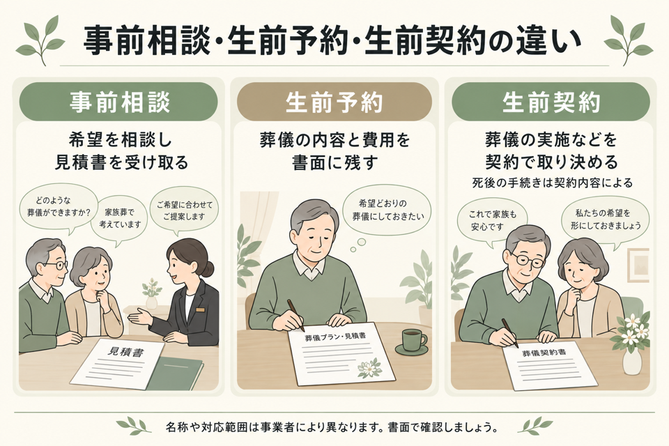 事前相談・生前予約・生前契約の違いを比較した図