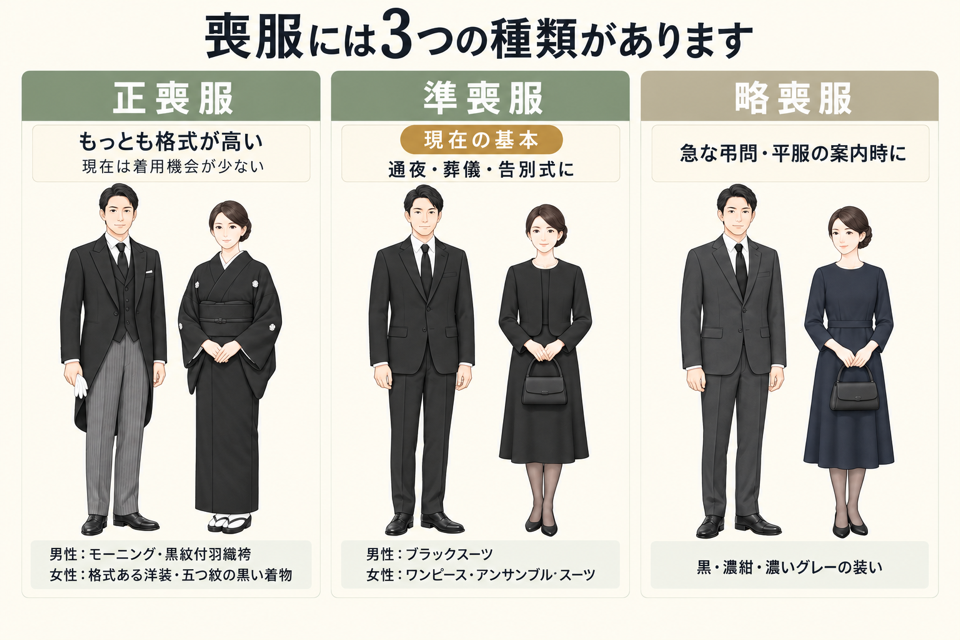 正喪服・準喪服・略喪服の違いを男女別に比較した図